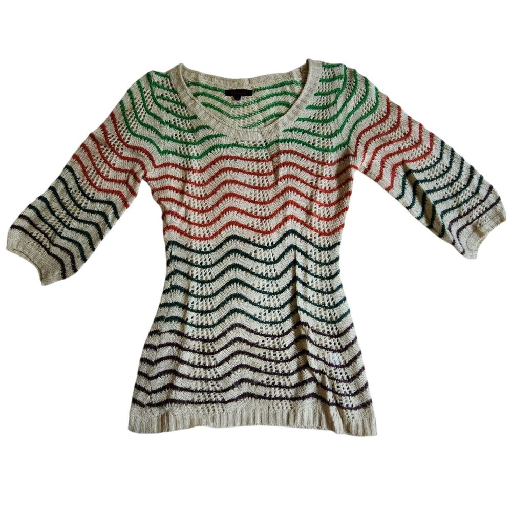 Lulumari Cream Red Green Multicolor Striped Knit Sweater 3/4 Sleeve Sz S